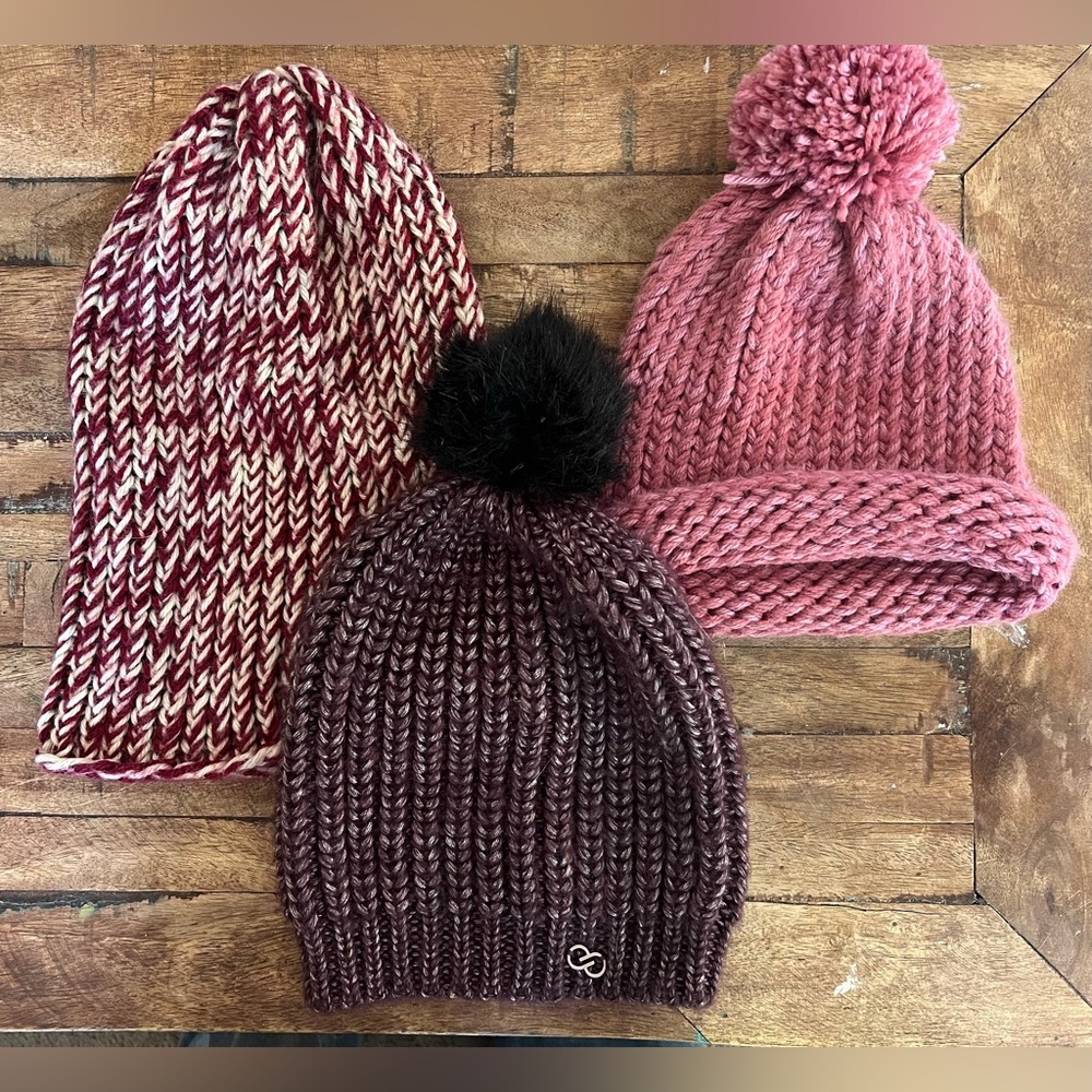 3 pc Luxe Knit Cozy Beanie Hat Bundle Calia Carrie Underwood Faux Fur Pom Pom